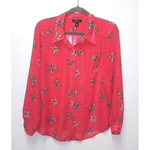 Womens BUTTERFLY print Top PXL sheer Novelty Coral pink teal AGB Collar Long sle